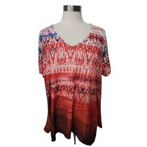 One World Woman Knit Top 3X Red Stretch Pullover Short Sleeve Sharkbite Hem